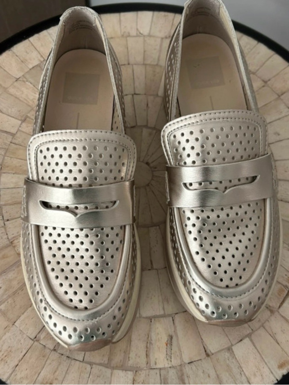 Women’s Dolce Vita 6.5 Metallic Silver Perforated Leather Loafers